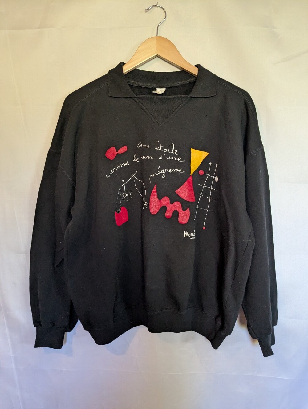 Vintage 90s Joan Miro Artist Abstract Art Graphic Collared Sweatshirt Black L XL